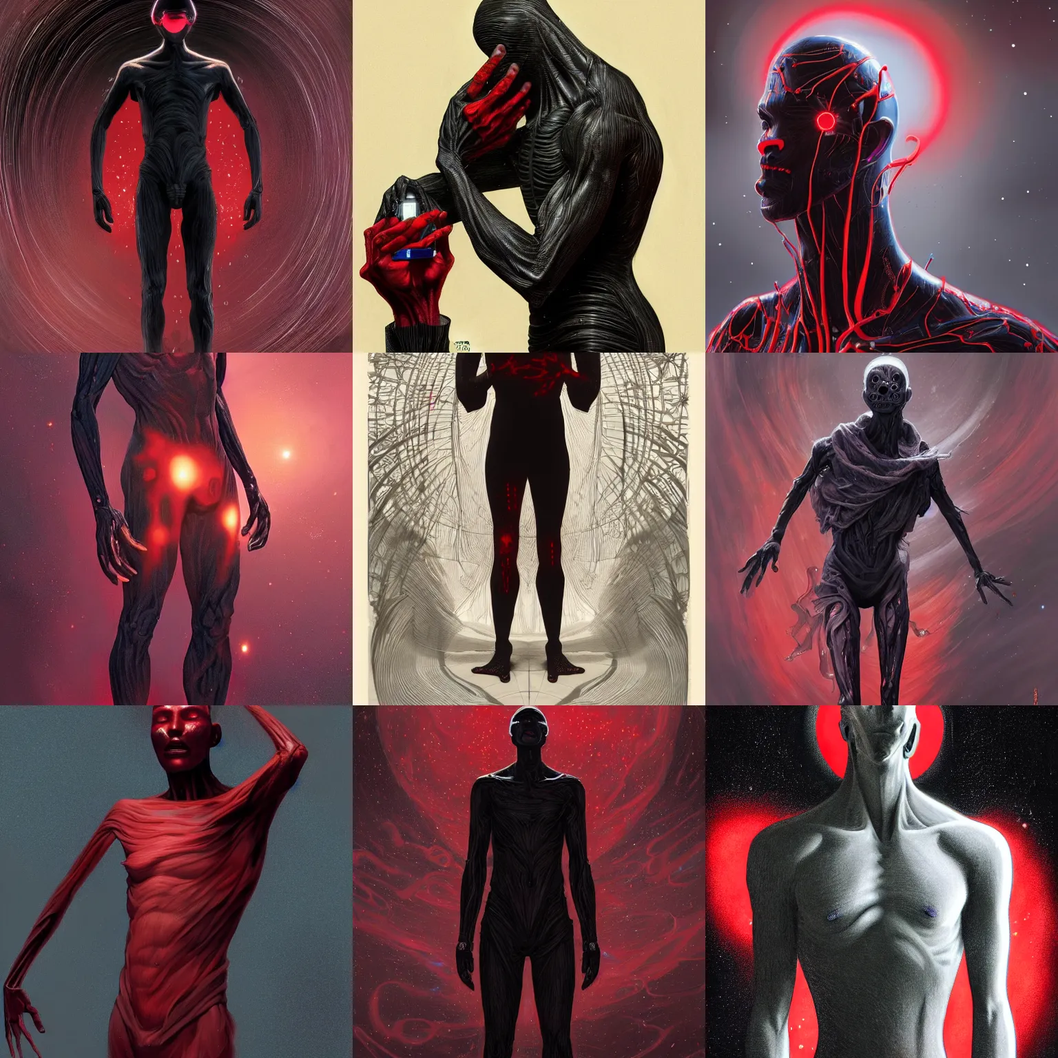 Prompt: a male humanoid figure with no face and long spindly fingers with solid black skin with stars for skin wearing a red mechanics jumpsuit, coming out of a black hole, intricate, horror, highly detailed, digital painting, artstation, concept art, smooth, sharp focus, illustration, art by artgerm and greg rutkowski and alphonse mucha, 8 k