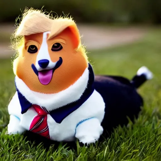 Prompt: Corgi with Donald Trump wig, photography, cute,