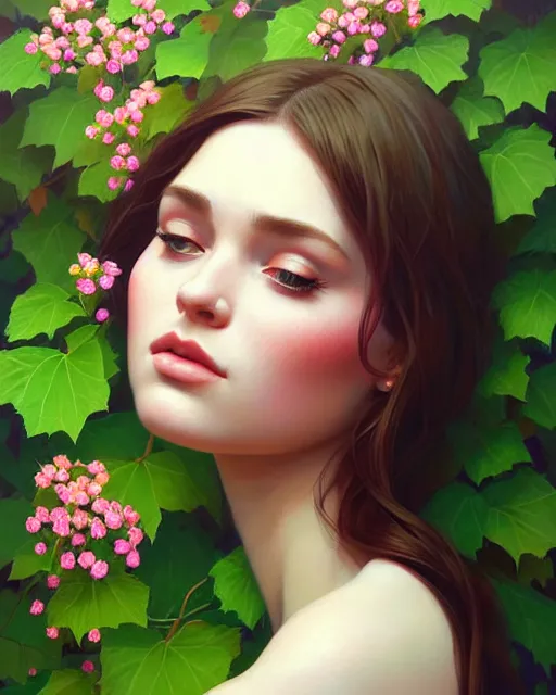 Prompt: stylized portrait of an artistic pose, composition, young lady sorrounded by nature, ivy's, flowers, one single head, realistic shaded, fine details, realistic shaded lighting poster by ilya kuvshinov, magali villeneuve, artgerm, jeremy lipkin and michael garmash and rob rey