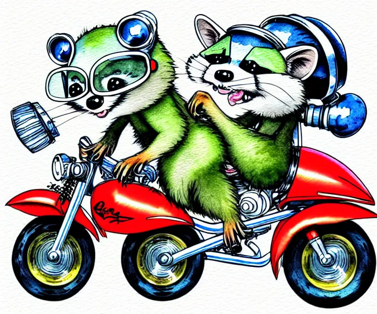 Image similar to cute and funny, racoon wearing a helmet riding on a tiny sport motorcycle with oversized engine, ratfink style by ed roth, centered award winning watercolor pen illustration, isometric illustration by chihiro iwasaki, edited by range murata