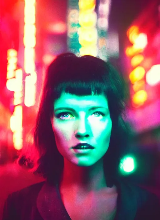 Image similar to A hyper realistic and detailed head portrait photography of a Rachael of Blade Runner on a futuristic street. by Cameron Hammond. Neo noir style. Cinematic. neon lights glow in the background. Cinestill 800T film. Lens flare. Helios 44m