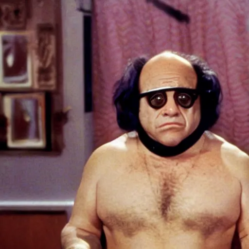 Prompt: A still of Danny Devito as a supervillian in a movie, 1980