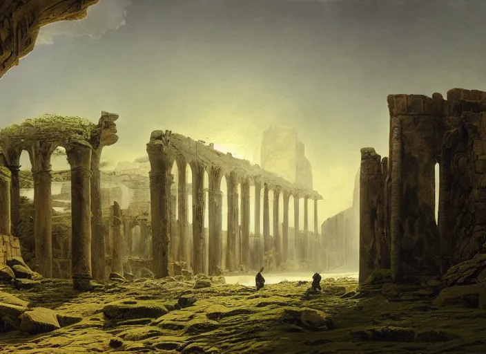 Image similar to a land of ruins of lost civilization with a fort in the middle, pure gold pillars, water tunnels below and a magical time gate to another dimension, a wounded man wearing a white robe standing watching over, dramatic lighting, dawn, by caspar david friedrich, concept art