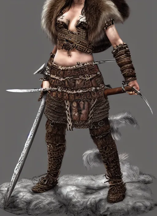 Image similar to viking barbarian very beautiful girl with intricate very detailed leather armor and wolf pelts, wolf heads, aggressive look, full body, photorealistic, soft lighting, dungeon and dragons, dnd, fantasy, extremely detailed