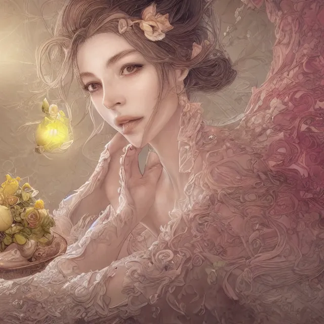 Image similar to the portrait of one sensual lemon personified as an absurdly beautiful, graceful, elegant, sophisticated, young woman made, an ultrafine hyperdetailed illustration by kim jung gi, irakli nadar, intricate linework, bright colors, octopath traveler, final fantasy, unreal engine 5 highly rendered, global illumination, radiant light, detailed and intricate environment