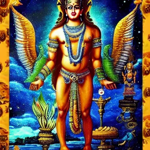 Image similar to lord vishnu, full body picture, bodybuilder, birth of the universe, multiverse, realistic, full HD, high quality, 4k