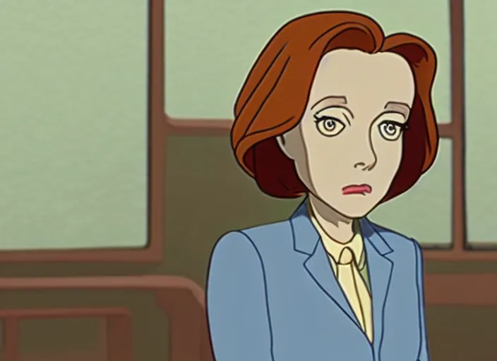 Prompt: an animation still of dana scully, in the style of studio ghibli, netflix animation, toei animation, filmation animation, traditional animation, sharp detail, animation cel, 2 - level shading
