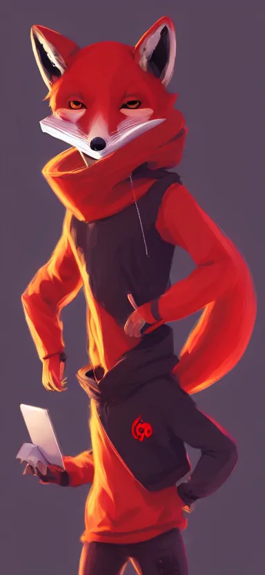 Image similar to a league of legends concept art of an anthropomorphic red fox in a black hoodie holding a portable computer, front view, hoodie with a hacker emblem, artstation, digital art, oc commission, style by jordan grimmer and greg rutkowski, 4 k resolution