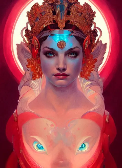 Image similar to the goddess hera looking angry, paper armour, volumetric lights, red and cyan theme, cute, intricate, elegant, highly detailed, digital painting, artstation, concept art, smooth, sharp focus, symmetric face, illustration, art by artgerm and greg rutkowski and alphonse mucha