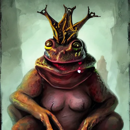 Prompt: A frog priestess with bloody eyes, by greg rutkowski, in the style of magic the gathering