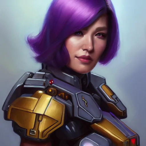 Image similar to a portrait of a very beautiful woman in battletech elemental clanner clan battle armor, Alexandria\'s genesis, chin-length purple hair, bored, illustration, soft lighting, soft details, painting oil on canvas by mark arian by artgerm, trending on artstation, 4k, 8k, HD