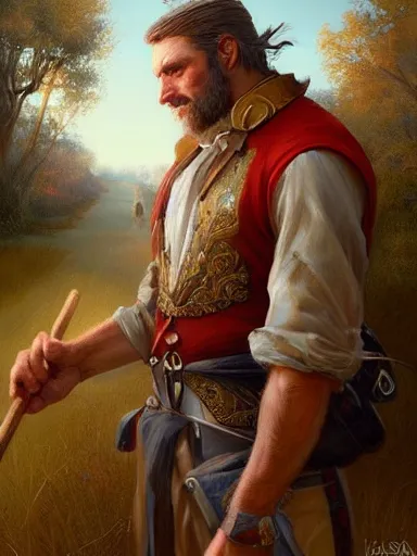 Image similar to a handsome man, holding a adorned cane. walking in a rural area. intricate, elegant, highly detailed, digital painting, artstation, concept art, sharp focus, illustration, by justin gerard and artgerm, 8 k