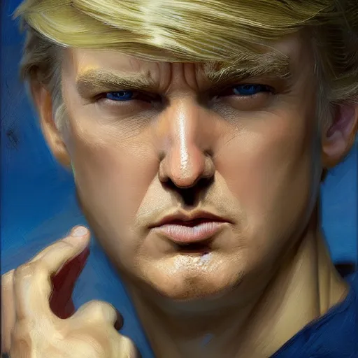 Image similar to detailed cinematic wide shot of beautiful attractive donal trump slim face symettrical face clean skin blue eyes black robe smooth, sharp focus, ultra realistic, spring light, painting by gaston bussiere, craig mullins, j. c. leyendecker