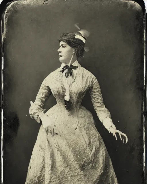 Image similar to A wet-plate photograph of an allosaurus in victorian clothing