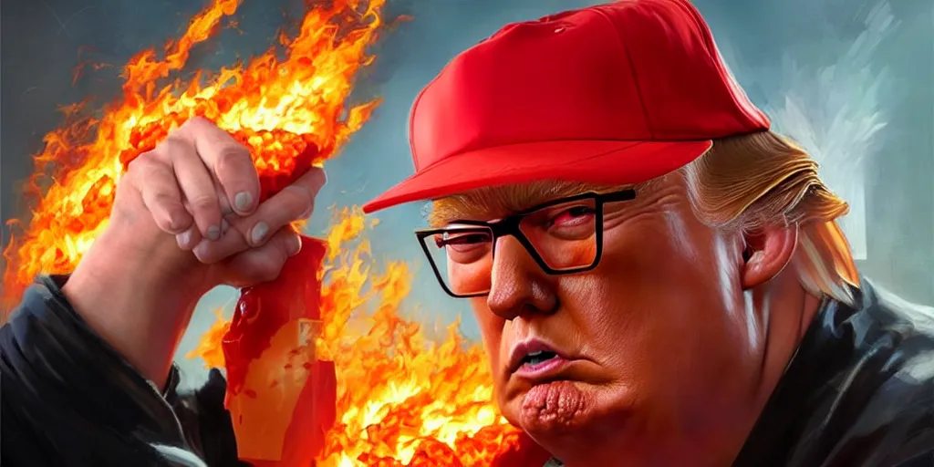 Prompt: character art by ruan jia, donald trump wearing wayfarer glasses and red baseball hat inside a pack of cheetos, on fire, fire powers, room filled with nachos