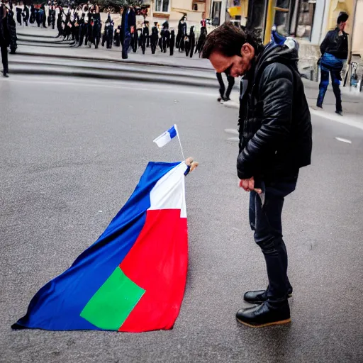 Image similar to a guy who looks like emmanuel macron urinate on a french flag in the street, 5 0 mm lens, street photography