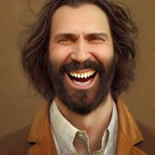 Prompt: an portrait of an male doctor laughing, beard, long hair, detailed, centered, digital painting, artstation, concept art, donato giancola, Joseph Christian Leyendecker, WLOP, Boris Vallejo, Breathtaking, 8k resolution, extremely detailed, beautiful, establishing shot, artistic, hyperrealistic, beautiful face, octane render, cinematic lighting, dramatic lighting, masterpiece