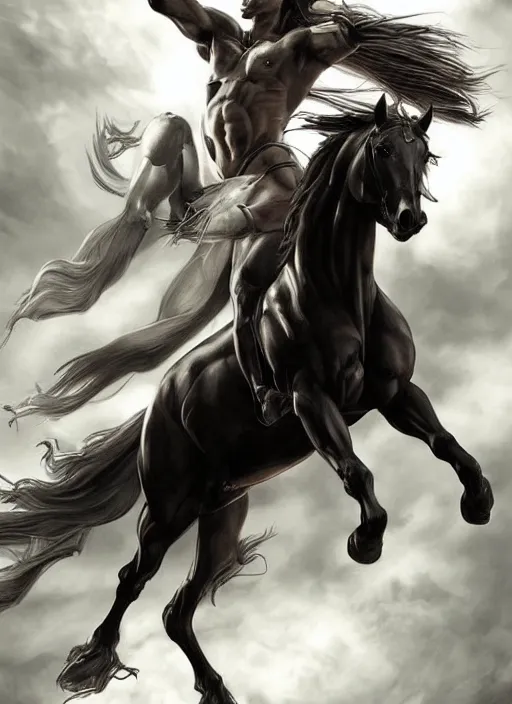 Prompt: the singular horseman of the apocalypse is riding a strong black stallion, horse is up on its hind legs, the strong male rider is carrying the scales of justice, beautiful artwork by artgerm and rutkowski, breathtaking, beautifully lit, dramatic
