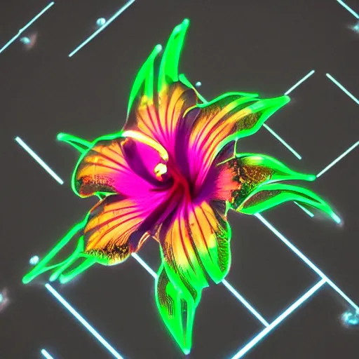 Image similar to mechanical, geometric, cybertronic hibiscus flower, glowing