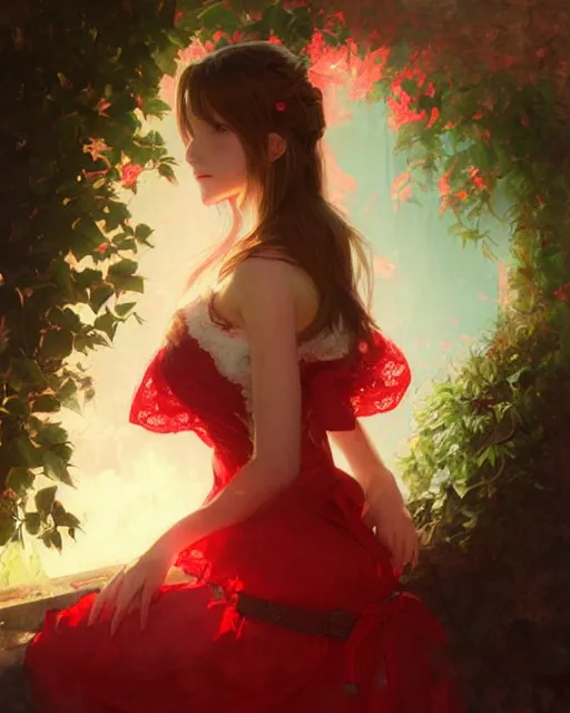 Image similar to aerith gainsborough in red lace skirt, portrait, illustration, rim light, top light, perfectly shaded, soft painting, art by krenz cushart and wenjun lin