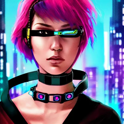 Prompt: female character cyberpunk wearing technological collar around neck, realistic, art, beautiful, 4K, collar, choker, collar around neck, punk, artstation, detailed, female, woman, choker, neon,