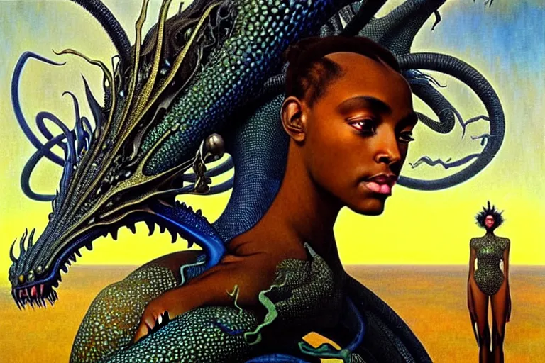 Image similar to realistic extremely detailed closeup portrait painting of a beautiful black woman wearing futuristic dress, dystopian landscape with a mutant dragon on background by Jean Delville, Amano, Yves Tanguy, Alphonse Mucha, Ernst Haeckel, Edward Robert Hughes, Roger Dean, rich moody colours