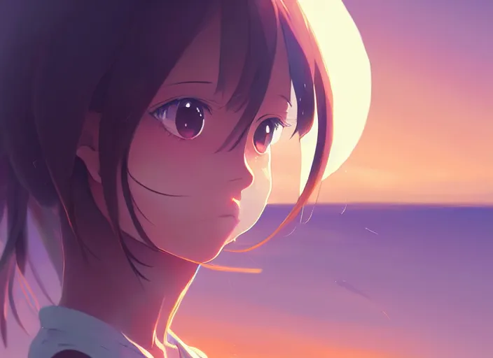 Prompt: portrait of cute girl, sunset sky in background, beach landscape, illustration concept art anime key visual trending pixiv fanbox by wlop and greg rutkowski and makoto shinkai and studio ghibli and kyoto animation, futuristic aerodynamic wheelchair, symmetrical facial features, future clothing, backlit