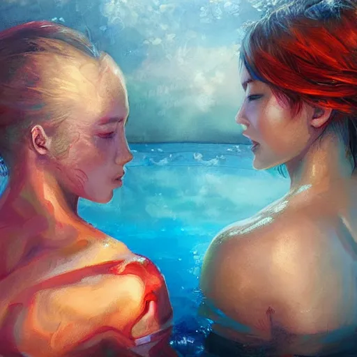 Image similar to two people thinking of each other in their pool, by ross tran, oil on canvas