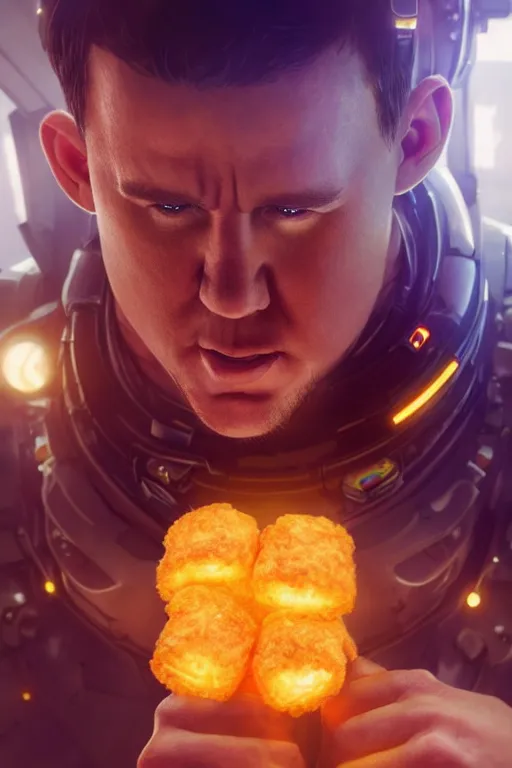 Image similar to channing tatum in a tater tot costume, tater tot face, ef 8 5 mm f 1. 8 usm, bionic scifi alexandre ferra, hyper detailed, digital art, trending in artstation, cinematic lighting, studio quality, smooth render, unreal engine 5 rendered, octane rendered