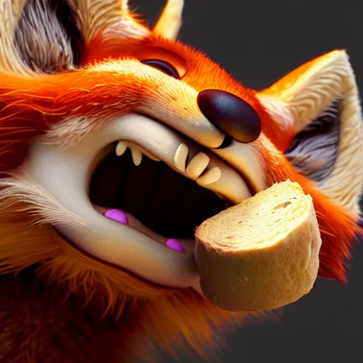 Image similar to weta disney pixar movie still macro close photo of smiling anthropomorphic fox holding on nose a bread with face : : by weta, greg rutkowski, wlop, ilya kuvshinov, rossdraws, artgerm, octane render, iridescent, bright morning, anime, liosh, mucha : :