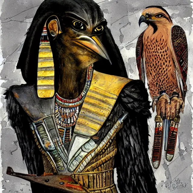 Prompt: rough painting of Horus the falcon headed egyptian god, by Enki Bilal, by Dave McKean