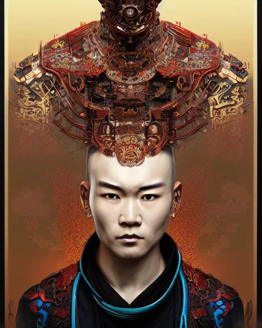 Image similar to portrait of a masculine male cyberpunk machine, machine face, upper half portrait, decorated with chinese opera motifs, asian, fine china, wuxia, traditional chinese art, intricate, elegant, highly detailed, symmetry, headpiece, digital painting, artstation concept art smooth sharp focus, illustration, art by artgerm and greg rutkowski alphonse mucha 8 k