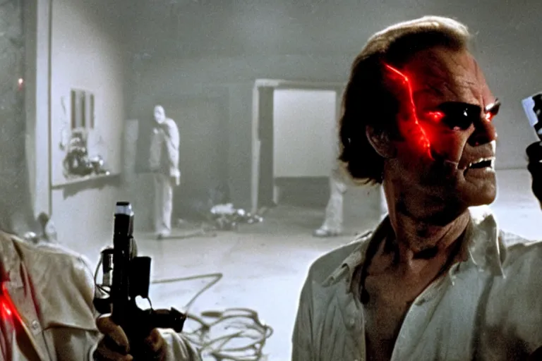 Prompt: Jack Nicholson plays Terminator, his one yes glow red, he is injured, still from the film