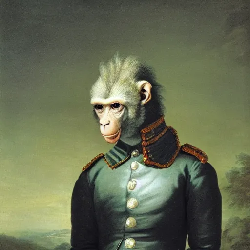 Prompt: a portrait of a green alien monkey hybrid wearing a colonial military uniform, joseph ducreux