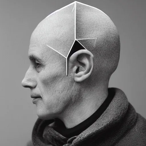 Prompt: A man whose head is shaped like an octahedron, 8k Leica photograph