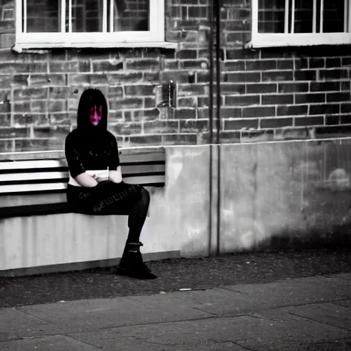 Prompt: an emo goth girl sitting on a bench in front of a British house on a freezing cold day, 2006, black hair