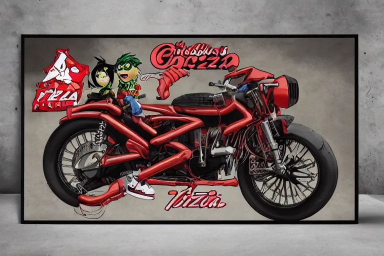 Image similar to italian pizza, akira's motorcycle, gorillaz, flyer, 4k