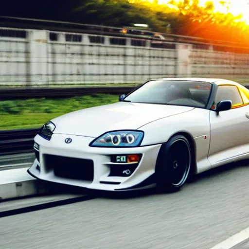 Image similar to still of a toyota supra mk4 on the road in Tokyo, action shot,sunset, CGSociety