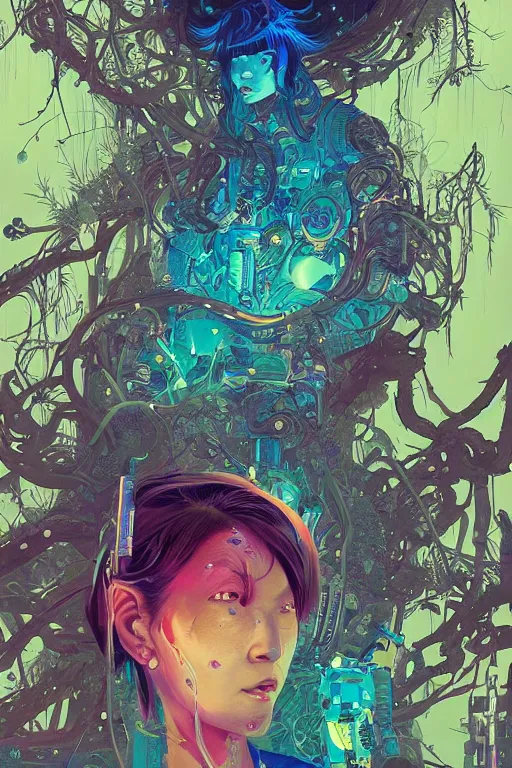 Prompt: a biopunk asian woman android with piercings, tattoos. smiling, happy. laying in blue moss in a strange forest. colorful. sci - fi. intricate. gorgeous detailed portrait. cinematic. sharp focus. octane. by stalenhag. kilian eng. mucha. alex gray. bibin. wlop.