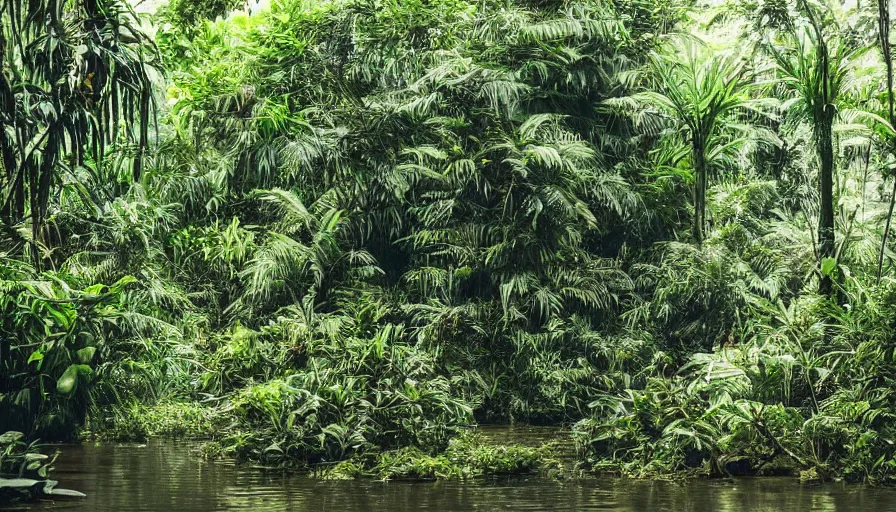 Image similar to a rainy foggy jungle, river with low hanging plants, there is the strangest bird, it’s a huge bird, great photography, ambient light