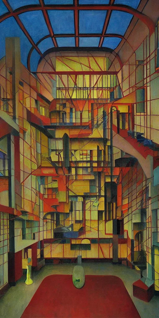 Image similar to fantastical brutalist atrium, grant wood, pj crook, edward hopper, colorful, oil on canvas