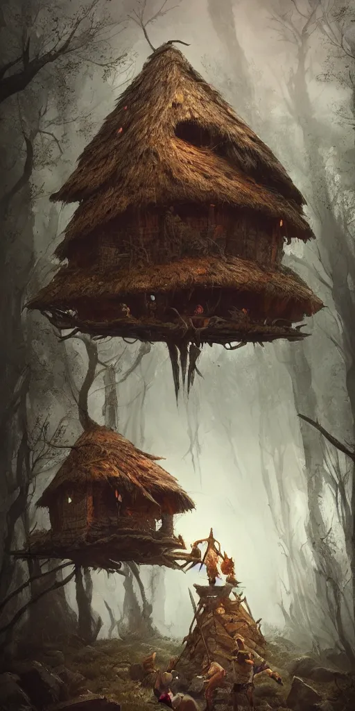 Image similar to a witch hut standing on chicken legs, greg rutkowski, zabrocki, karlkka, jayison devadas, trending on artstation, 8 k, ultra wide angle, zenith view, pincushion lens effect