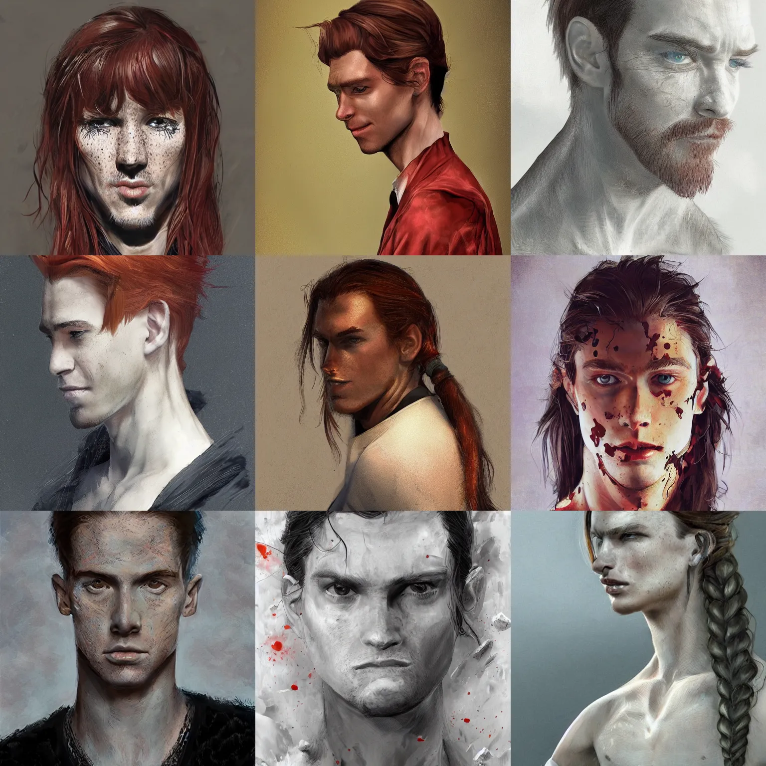 Prompt: portrait of a thin young man with long red hair, ponytail, a lot of freckles on his face, intricate, elegant, highly detailed, digital painting, artstation, concept art, sharp focus, illustration, art by aleksi briclot, rutkowski