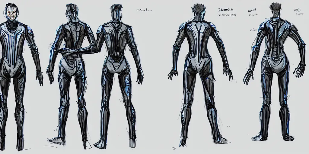 Image similar to male, space suit, character sheet, concept art, stylized, large shoulders, short torso, long thin legs, exaggerated proportions, concept design