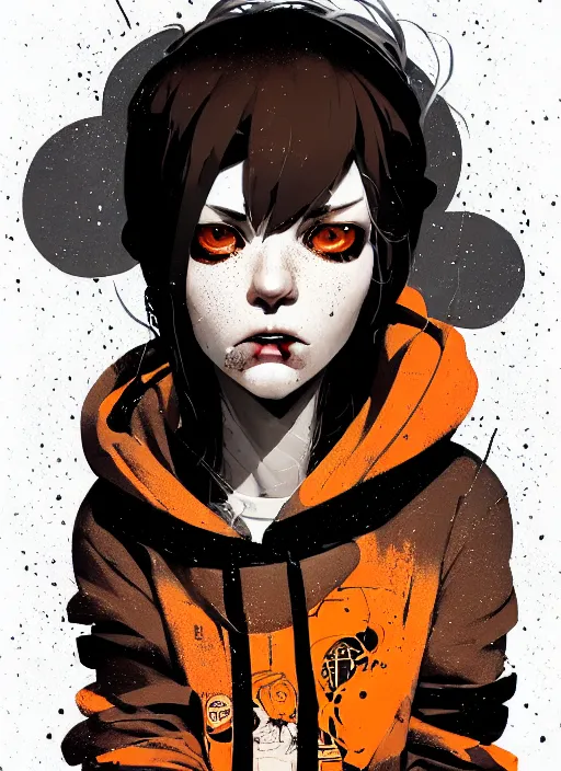 Prompt: highly detailed closeup portrait of a sewer punk lady student, tartan hoodie, white hair by atey ghailan, by greg rutkowski, by greg tocchini, by james gilleard, by joe fenton, by kaethe butcher, gradient, orange, black, brown and cream color scheme, grunge aesthetic!!! white graffiti tag wall background