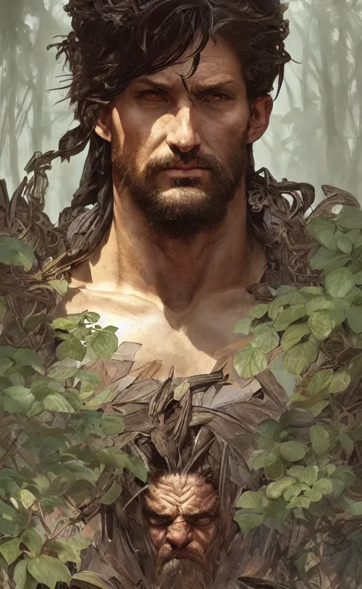 Image similar to god of the forest, 3 0 years old, rugged, male, gorgeous, detailed face, amazing, thighs!!!!!!, muscular, intricate, highly detailed, digital painting, artstation, concept art, sharp focus, illustration, art by greg rutkowski and alphonse mucha