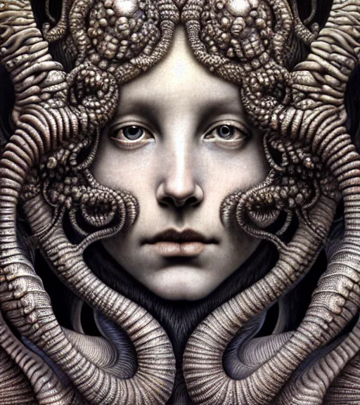 Prompt: detailed realistic beautiful platinum goddess face portrait by jean delville, gustave dore, iris van herpen and marco mazzoni, art forms of nature by ernst haeckel, art nouveau, symbolist, visionary, gothic, neo - gothic, pre - raphaelite, fractal lace, intricate alien botanicals, biodiversity, surreality, hyperdetailed ultrasharp octane render