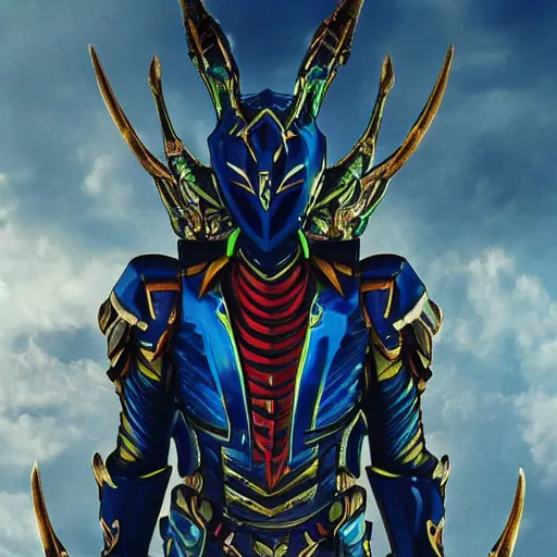 Prompt: High Fantasy Kamen Rider, 4k, glowing eyes, rock quarry location, daytime, rubber suit, dark blue segmented armor, dragon inspired armor