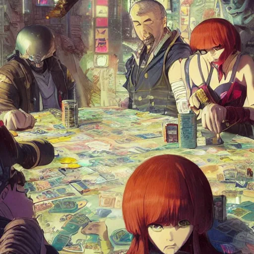 Image similar to precisely drawn illustration of anime group of dwarfs playing cards, wide angle, sharp, fine details, anime, manga, cyberpunk, realistic shaded lighting by katsuhiro otomo ghost-in-the-shell, magali villeneuve, artgerm, rutkowski Jeremy Lipkin and Giuseppe Dangelico Pino and Michael Garmash and Rob Rey