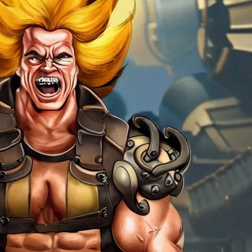 Image similar to a screenshot of arnold schwarzenegger as junkrat in overwatch